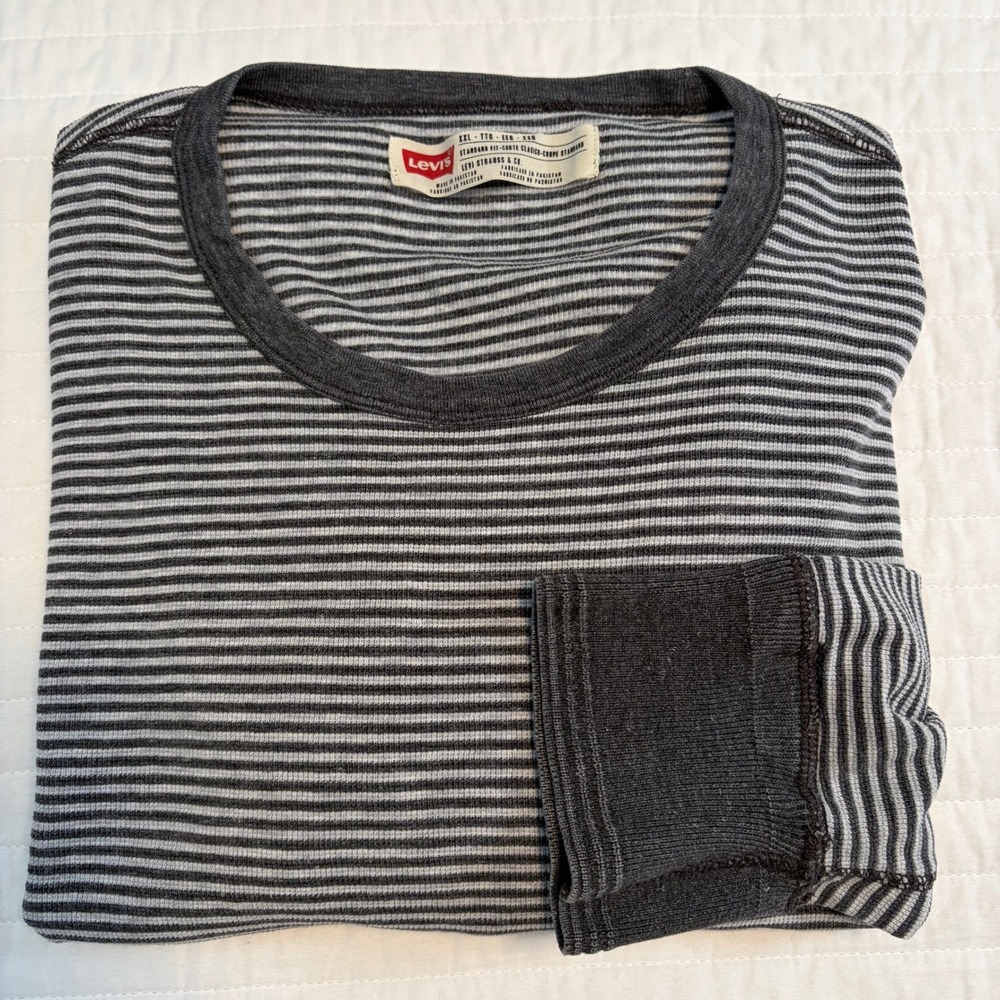 Levis Gray Striped Thermal Long Sleeve Shirt Standard Fit Crew Neck Mens XXL